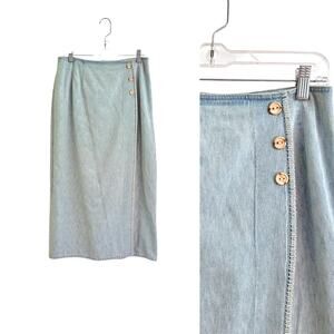 Vintage Denim Semi Wrap Midi Skirt Britton Whip Stitch Sz 12 Nipon Studio